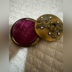 Vintage Brass Round Trinket Box with Velvet Interior - Burgundy